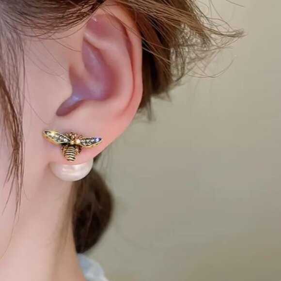 Anthropologie Jewelry - NEW French Gold Bee and Pearl Front to Back Stud Earrings